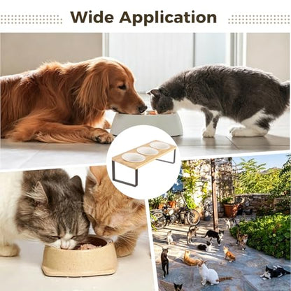 Raised Cat Food Water Bowls, Elevated Tilted Cat Feeder, Set of 3 Ceramic Dishes, Orthopedic Pet Stand for Indoor Cats, Triple Dog Food Station, Home Utility Pet Supplies