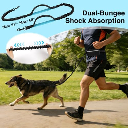 Hands Free Dog Leash with Zipper Pouch, Dual Padded Handles, Shock Absorbing Bungee Leash for Small Medium Large Dogs, Ideal for Walking Jogging Running Hiking (Black) - color: Black
