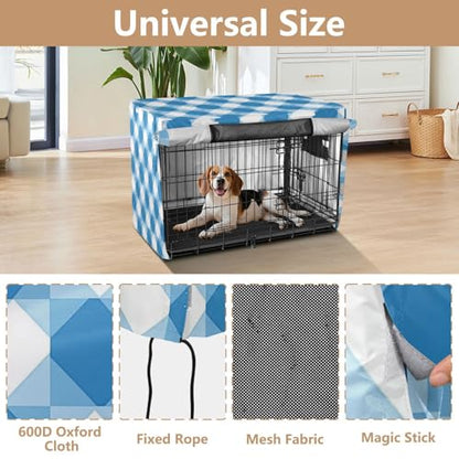 Bohemia Europe Gingham Pattern Blue Metal Dog Crate Cover Pets Kennel Covers Roller Shades - size: Small