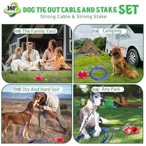 Catapamey Dog Tie Out Cable and Stake for Yard,(up to 200lbs) 360°Swivel Dog Run Anchors- No Tangle,with 30FT Heavy Duty Tie Out Cable for Dogs,Runner for Yard,Ideal for Outdoor Camping - size: Dog Stake Red/30ft Cable/200lbs