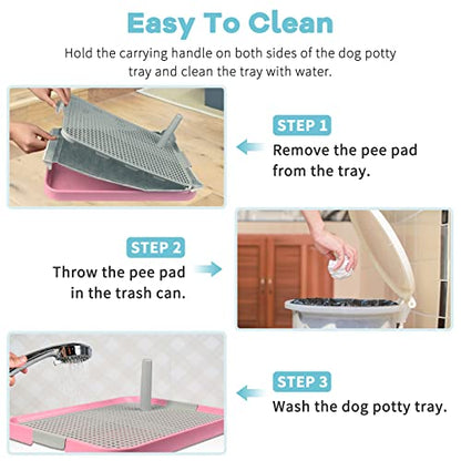 Dog Potty Tray Toilet 20"x14" Doggy Bathroom Dog Litter Box, Indoor Pee Pad Holder with 8pcs Training Pads, Puppy Pee Mesh Potty Training Tray with Secure Latch, Potty Pan for Small Medium Puppies - color: Pink