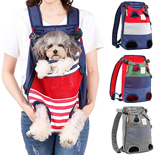 Dog Backpack Carrier Small Dog Backpack, Pet Dog Front Backpack Legs Out Chest Carrier for Small Dogs, Cat Backpack Carrier Dogs Travel Back Pack Hands-Free Hiking Bike Motorcycle (Size:11–19 lbs) - color: Red/Blue Stripe