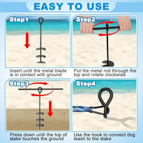Beach Dog Stake Anchor - 360° Swivel Dog Tie Out Stake for Dogs Up to 250 lbs, Heavy Duty Beach Essentials for Outside Yard Ground Sand Camping