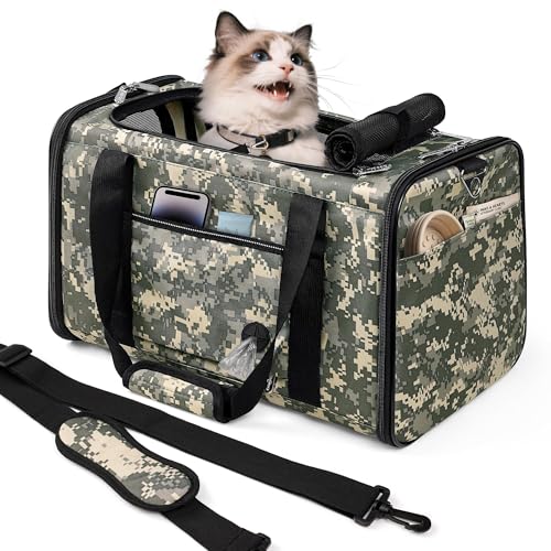 Cat Carrier Soft 25lbs Two Loading Pet Carriers Portable Small Dog Puppy Airline Approved Carrier with Side Pockets Foldable Portable for Outdoor Car Digital Camouflage - color: Digital Camouflage（No Privacy Curtain)