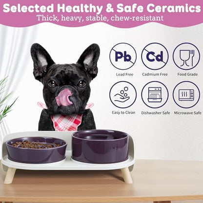 Elevated Slow Feeder Dog Bowls - Ceramic Food and Water Bowl Set with Stand - Raised Pet Dishes for Small and Medium Sized Dogs - color: Purple