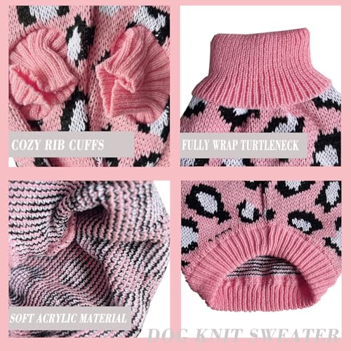 Leopard Knit Sweaters for Small Dogs, Pink Turtleneck Pullover for Pet, Puppies Cats Winter Sweater for Valentines Day Holiday - size: Large