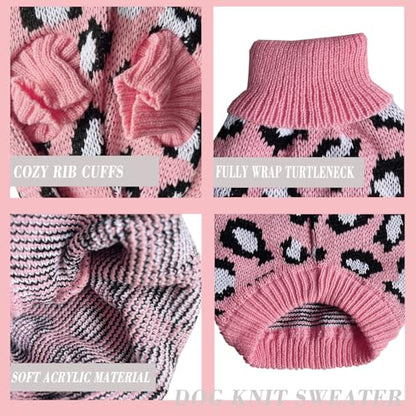 Leopard Knit Sweaters for Small Dogs, Pink Turtleneck Pullover for Pet, Puppies Cats Winter Sweater for Valentines Day Holiday - size: Large