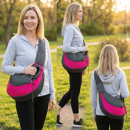 Pet Dog Sling Carrier, Breathable Mesh Adjustable Puppy Sling Carrier Hand Free for Small Dog Cat, M, Rose - color: Rose, size: 13.0"L x 9.1"W x 2.0"H