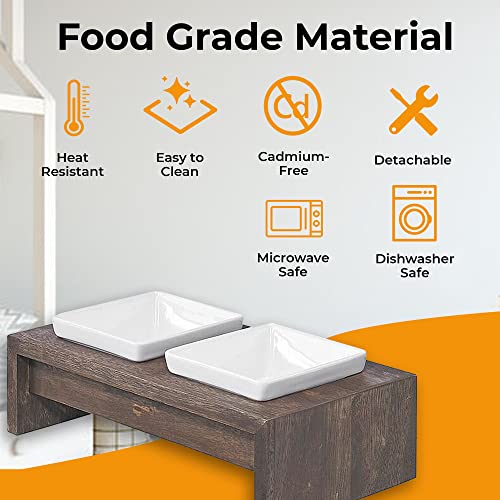 Bowsers Artisan Diner Double Dog Feeder - Handcrafted Rubberwood Frame with Square Ceramic Bowls Feeder for Dogs - Walnut, Small, 15" x 7" x 4" - color: Walnut, size: Small