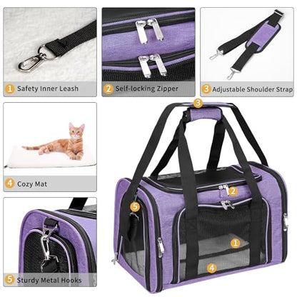 Soft-Sided Cat/Dog/Pet Carrier, Collapsible Pets Travel Carriers for Big Cats/Small Dogs with Shoulder Strap & Removable Mat, Mesh Puppy Carry Bag, Up to 25 Lbs(Purple) - color: Purple, size: 20"L x 13"W x 13"H