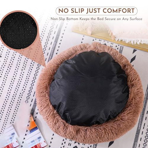 Calming Plush Dog Bed, Hooded Cave Style, PP Cotton Filling, for Small and Medium Pets (Brown, Small)
