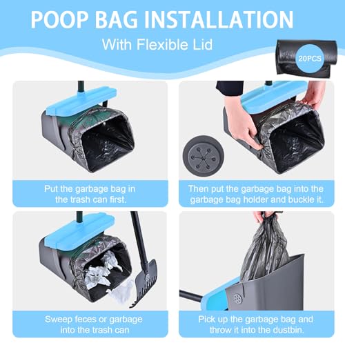 Geyecete Dog Pooper Scooper Pooper Scooper for Dogs - Long Handle Outdoor Cleanup Tool with 35 Waste Bags Dispenser -Portable Pet Waste Pick Up Set