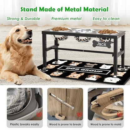 SHAINFUN Metal Elevated Dog Bowls Stand for Large Dogs with Mat & Three 58oz Food Water Bowls, Adjustable Height Raised Dog Bowl Stand - color: Black-1.7L-Three