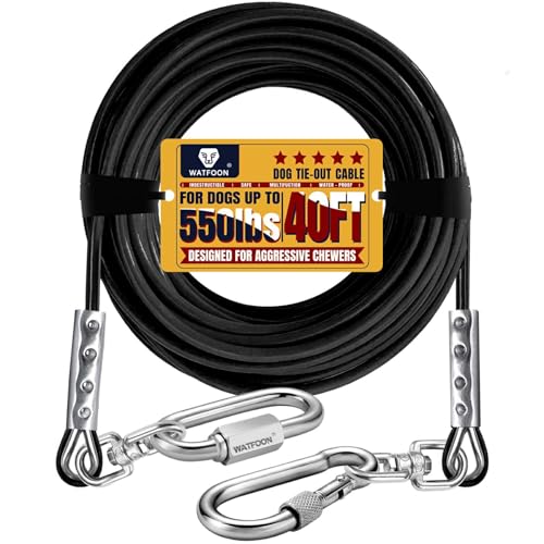 WATFOON Dog Leads for Yard, 1500LBS Break Strength, Stainless Steel Heavy Duty Tie Out Cable for Dogs Training with Dual Rotating Hooks, Water Resistant Dog Chain Leads for Outside Camping (40ft) - size: 40FT
