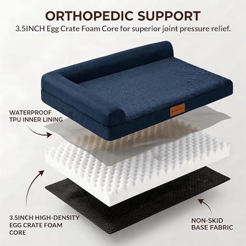 Patas Lague Orthopedic Dog Bed Medium Size Dog 30''X20'', Waterproof L Bolster Medium Pet Sofa Beds with Removable Washable Cover, Soft Pet Couch Crate Mat with Nonskid Bottom, Navy Blue - color: Navy Blue, size: 30"L x 20"W x 3.5"Th