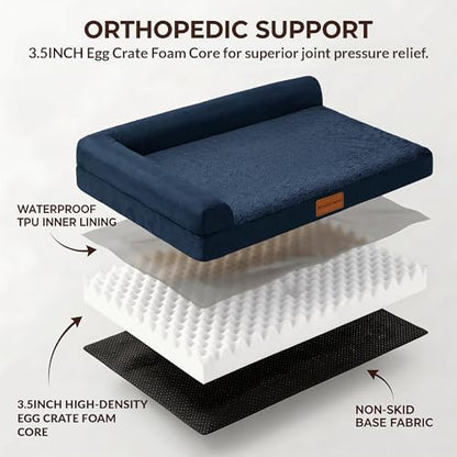 Patas Lague Orthopedic Dog Bed Large Sized Dog 36''X24'', Waterproof L Bolster Medium Pet Sofa Beds with Removable Washable Cover, Soft Pet Couch Crate Mat with Nonskid Bottom, Navy Blue - color: Navy Blue, size: 36"L x 24"W x 3.5"Th