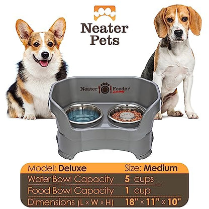 Neater Feeder Deluxe Mess Proof Dog Bowls Elevated for Medium Sized Breeds – Made in USA – No Spill Raised Slow Feeder Elevated Dog Bowl Stand, Stainless Steel Food and Water Bowl Set, Grey - color: Gunmetal Grey, size: Medium with Slow Feed Bowl
