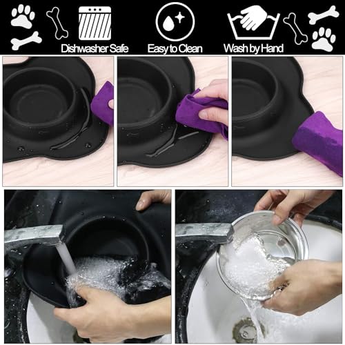 AsFrost Dog Food Bowls Stainless Steel Pet Bowls & Dog Water Bowls No Spill Non Skid, Feeding Bowls with Dog Bowls Silicone Mat for Small Medium Large Size Dogs, Cat Pet Dog Dishes Set, Black, 3 Cup - color: Black, size: 3 Cup/27 oz each