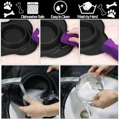 AsFrost Dog Food Bowls Stainless Steel Pet Bowls & Dog Water Bowls No Spill Non Skid, Feeding Bowls with Dog Bowls Silicone Mat for Small Medium Large Size Dogs, Cat Pet Dog Dishes Set, Black, 3 Cup - color: Black, size: 3 Cup/27 oz each