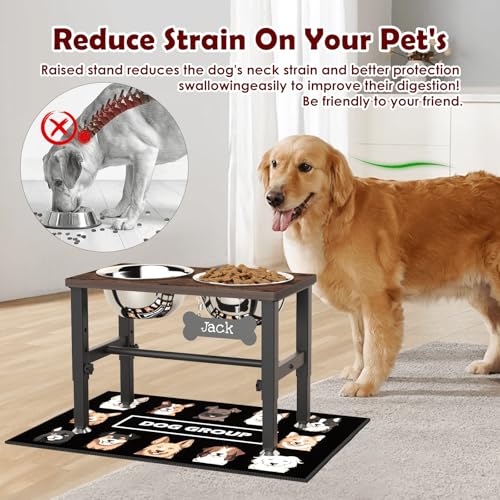 SHAINFUN Elevated Dog Bowls with Slow Feeder & Mat for Medium and Large Dogs, 12" Tall Adjustable Wooden & Metal Raised Dog Bowl Stand, 2 Stainless Steel 58oz Bowls for Food & Water - color: Brown-1.7L