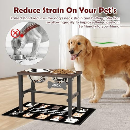 SHAINFUN Elevated Dog Bowls with Slow Feeder & Mat for Medium and Large Dogs, 12" Tall Adjustable Wooden & Metal Raised Dog Bowl Stand, 2 Stainless Steel 58oz Bowls for Food & Water - color: Brown-1.7L