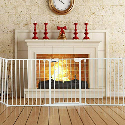 Costzon Baby Safety Gate, 121 Inch Length 5 Panel Adjustable Wide Fireplace Fence, BBQ Metal Fire Screen Gate, Pet Isolation Fence with Walk-Through Door, Freestanding Pets Gate - color: White, size: 5-Panel