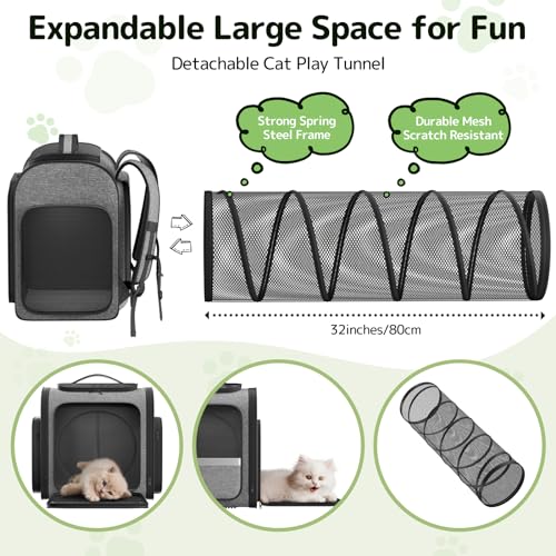 Cat Backpack with Detachable Play Tunnel, 2 in 1 Cat Tunnel Backpack Suitable for Carrying & Playing, Expandable Dog Backpack for Small Medium Kitten Puppy, Suitable for Travel Hiking Camping - color: Grey+Tunnel