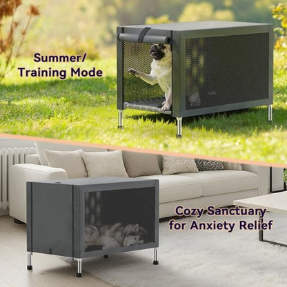 Medium Stainless Steel Elevated Dog Crate with Removable Cover, 2-in-1 Indoor & Outdoor Raised Pet House, Rust-Proof Dog Kennel with Silicone Anti-Slip Feet, Tool-Free Assembly - size: 32.0"L x 20.0"W x 24.0"H