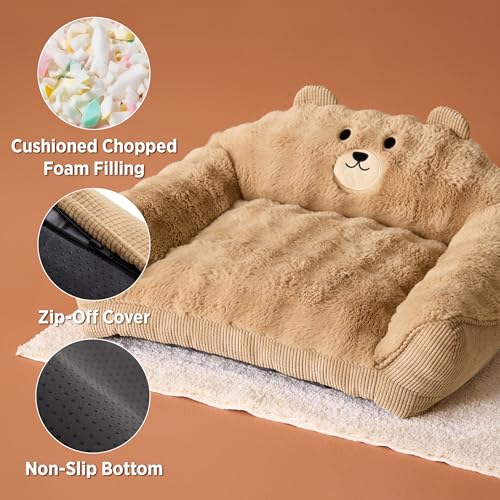 LE SURE Cute Dog Couch Bed, Small Dog Couch with Fluffy Original Bear Design, Cat Couch Bed with Removable Washable Cover, Puppy Bed for Small Pets, 28 inch, Almond