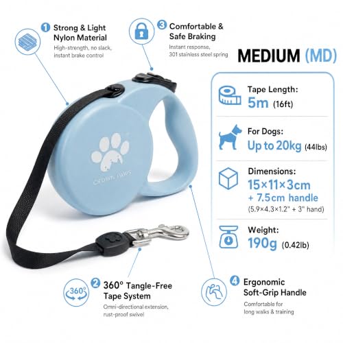 Chew Proof Retractable Dog Leash for Medium Dogs up to 44lbs, 16ft Heavy Duty Dog Lead with Anti-Chewing Steel Wire Rope, Tangle-Free, One-Hand Brake & Lock, Blue M - color: Blue, size: Medium