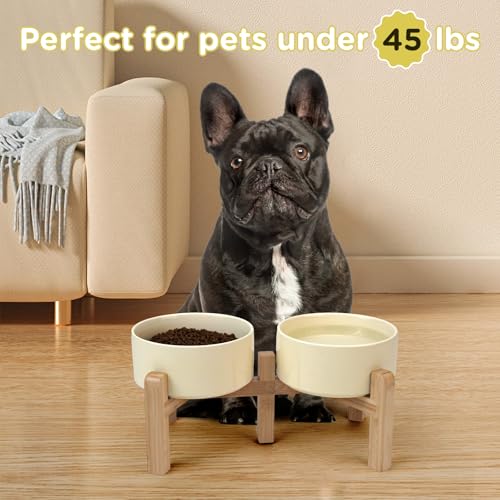 SPUNKYJUNKY Elevated Dog Bowls Ceramic, 6.1'' Dogs and Cat Food Water Bowls Raised with Non-Slip Bamboo Stand for Medium Sized Breed Microwave Dishwasher Safe - 28.7 OZ,Beige - color: Beige, size: 6.1 in - 3.6 cups