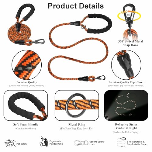 Homapet. Westalee Rope Dog Leash 6 Ft with Comfortable Padded Handle Reflective Threads with Poop Bag Dispenser for Large Dogs (Orange-Black 6FT-1/2)