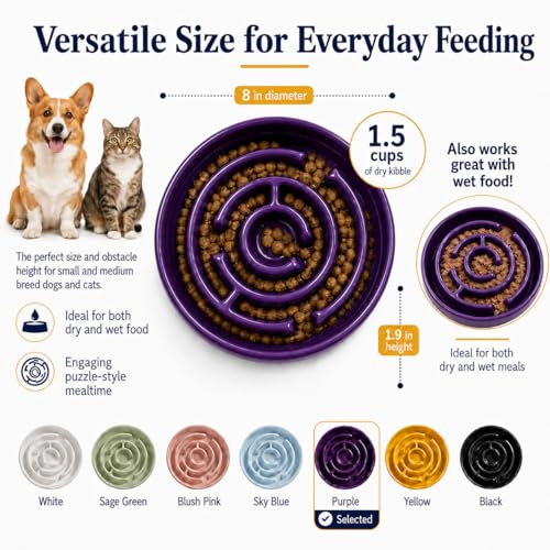 Ceramic Slow Feeder Dog Bowls with Anti-Slip, Slow Feeder & Non-Slip Design, Boredom and Anxiety Reducer, Suitable for All Breed Dogs and Cat (Ceramic-Purple) - color: Ceramic-Purple