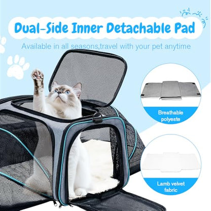 Double Expandable Cat Carrier,Airline Approved Soft-Sided Pet Travel Carrier for Small Dogs Cats under 15 lbs,Waterproof 600D Oxford Fabric with Washable Replacement Liner,Odor-Free & Claw-Proof(Blue) - color: Blue