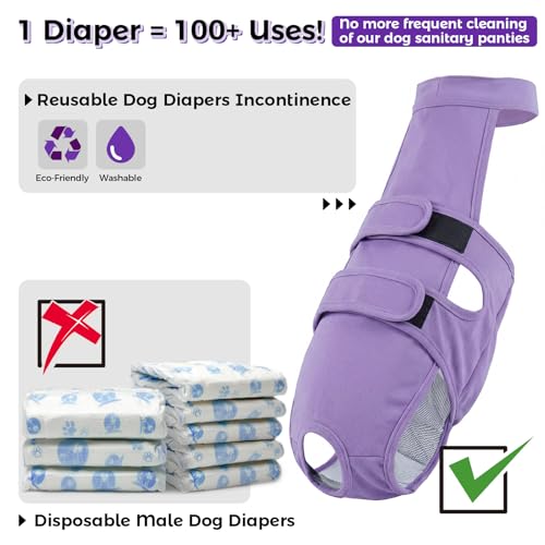 QBLEEV Dog Diapers with Suspenders, Female Escape-Proof Full Body Dog Period Diapers Overalls, Reusable Washable Sanitary Panties for Heat Cycle & Incontinence, Doggie Underwear Onesie with Tail Hole - color: Purple, size: S（Back Length:11.0"）