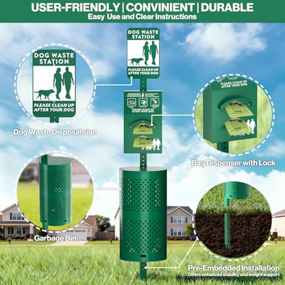POCHAR Aluminum Dog Waste Station with 600 Waste Bags & 50 Can Liners | Rustproof Pet Poop Station Outdoor, Dog Park Equipment with Sign & Lid - Pet Poop Disposal System for Backyard - style: ‎Station with Bags