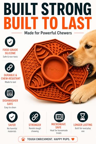 PetThrow Dog Slow Feeder Lick Mat Bundle – Octagon Silicone Feeder Bowl with Center Dish for Fresh & Wet Food, Suction Cups | Includes Spatula, Cleaning Brush & Recipe Card, Dishwasher Safe