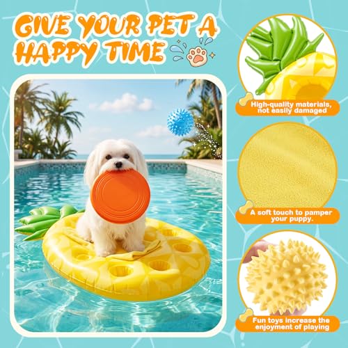AceOrbit 6-in-1 Pineapple Dog Pool Float for Small Dogs Puppy, Inflatable Pet Float with Flying Disc, Balls & Towel, Cute Puppy Pool Raft for Water Play Party, 17.7'' x 29.5'', Supports up to 11 Lbs