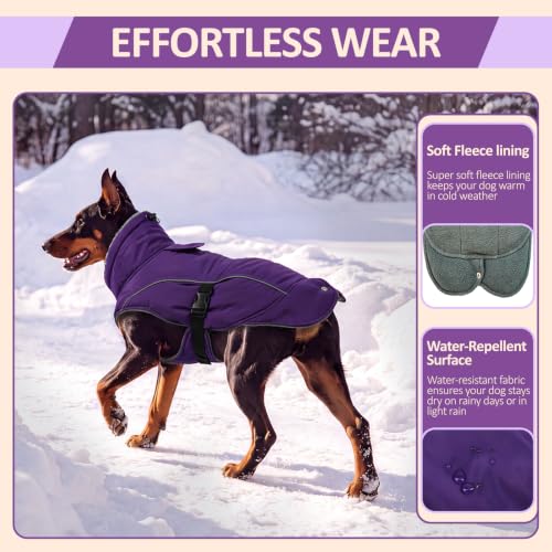 DENTRUN Warm Dog Winter Coat, Easy On Reflective Turtleneck Fleece Jacket | Adjustable buckle, easy on off, windproof & water-repellent, thick fleece snowsuit, outfit fits small to large breeds - color: Purple, size: Small