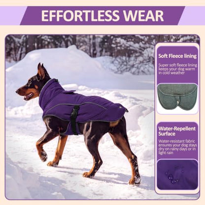 DENTRUN Warm Dog Winter Coat, Easy On Reflective Turtleneck Fleece Jacket | Adjustable buckle, easy on off, windproof & water-repellent, thick fleece snowsuit, outfit fits small to large breeds - color: Purple, size: Small