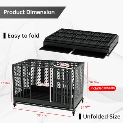 Snuowu 38 Inch Heavy Duty Dog Crate with Wheels, Folding Metal Big Dog Cage for Large and Medium Dogs, Extra Large XL XXL Indestructible Dog Crate with Removable Tray. - size: 37.3"L x 29.0"W x 32.0"H