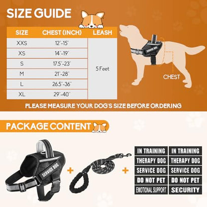 Service Dog Vest Harness and Leash Set, Animire in Training Dog Harness with 10 Dog Patches, Reflective Dog Leash with Soft Padded Handle for Small, Medium, Large, and Extra-Large Dogs (Black,S) - color: Black, size: S