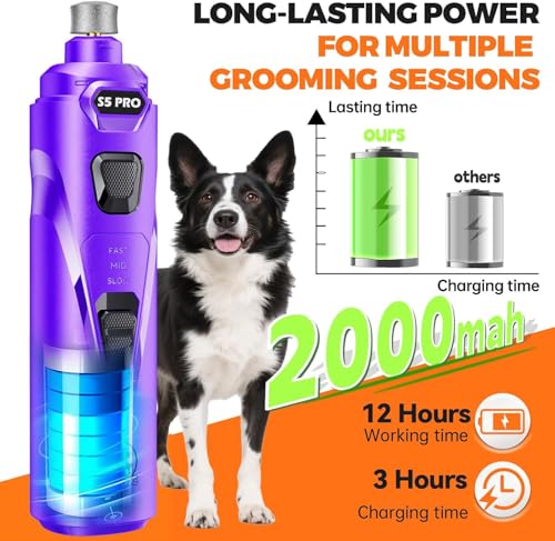 Whisper Quiet Dog Nail Grinder with 4 LED Lights, Safe & Stress-Free for Sensitive Dogs of All Breeds & Sizes, 3 Grinding Bits, 3-Speed, Pet Nail Trimmers, Rechargeable Painless Grooming Kit Purple - color: Purple