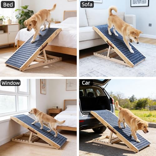 ZJSF Wooden Dog Ramp for High Bed & Couch, 40" L x 17" W Dog Stairs for Bed with 5 Adjustable Heights (13"-23.5"), Non-Slip Walking Surface, Portable Pet Ramp for Sofa, Car, Supports Up to 150 lbs - size: 40"L X 16.5"W