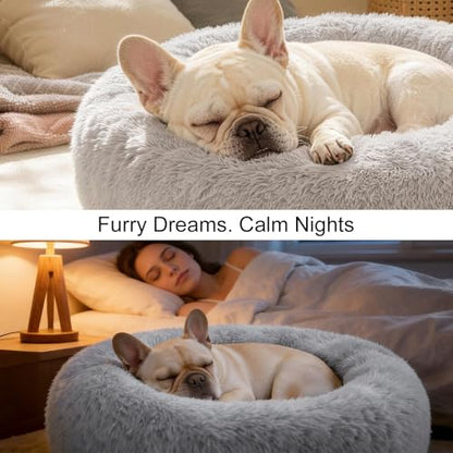 Dog Bed Calming Beds for Small Medium Dogs - Round Donut Washable Dog Bed, Anti-Slip Faux Fur Fluffy Donut Cuddler Anxiety Cat Bed(Light Grey 24") - color: Light Gray, size: 24"L x 24"W x 8"Th