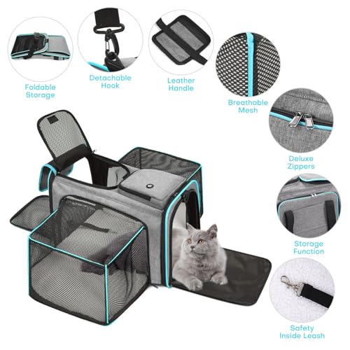 Pet Carrier, Large Soft Sided Expandable Travel Carrier with Steel Frame, Anti-Scratch Mesh, Removable Fleece Pad and Pockets for Cats, Dogs and Small Animals up to 15 lbs (Gray, 4 Sides Expandable) - color: Gray