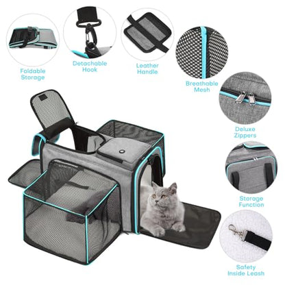 Pet Carrier, Large Soft Sided Expandable Travel Carrier with Steel Frame, Anti-Scratch Mesh, Removable Fleece Pad and Pockets for Cats, Dogs and Small Animals up to 15 lbs (Gray, 4 Sides Expandable) - color: Gray
