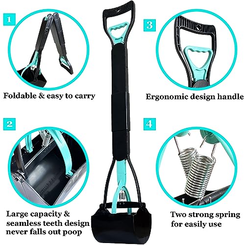 ienjoyed 32" Tall Pooper Scooper, Large Pooper Scooper for Dogs Heavy Duty, Dog Pooper Scooper with Long Handle & High Strength Durable Spring, Foldable Dog Poop Pick Up (Bottom Seamless) - size: 32-inch(Bottom Seamless)