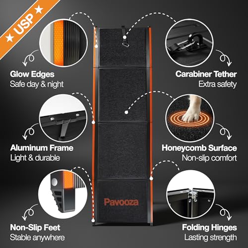 71"×20" Extra Wide Dog Ramp for Car, SUV & Truck – Folding Aluminum Pet Ramps for Large Dogs up to 250 lbs, Non-Slip Surface & Glow Edges, Foldable Portable Ramp for Side Door or Porch Steps