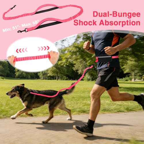 Hands Free Dog Leash with Zipper Pouch, Dual Padded Handles, Shock Absorbing Bungee Leash for Small Medium Large Dogs, Ideal for Walking Jogging Running Hiking (Pink) - color: Pink